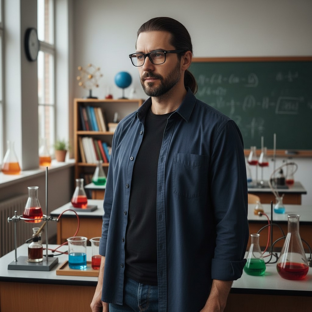 Mężczyzna w okularach i niebieskiej koszuli stoi w szkolnej pracowni chemicznej wypełnionej sprzętem laboratoryjnym.